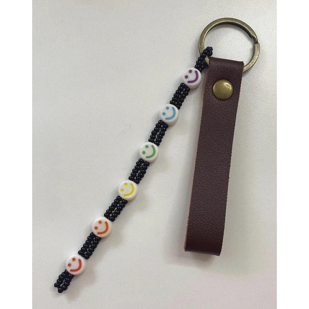 Black Beaded Faux Leather Keychain LGBTQ Flag Rainbow Smiley Charms